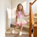 Completo estivo bimba con top rosa in maglia, maniche in tulle e gonna tutu a balze panna - 100cm (4 Anni) / Rosa