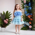 Sky blue girls princess dress with 3D floral ruffles and layered mesh skirt - 100cm / Blue