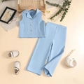 Conjunto de traje azul claro para niña con chaleco de botones de perlas y pantalón largo - 90cm-3Y / Azul