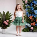 Girl's white 3D flower camisole and sage green layered tulle skirt set for party wear - 100cm / White Green