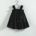 Close-up of black mesh tutu dress for girls with silver sequins and ruffled straps - Black Sequin / 80cm