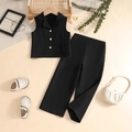 Girls black two-piece formal vest and trousers set with elegant pearl buttons - 90cm-3Y / Black
