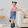 Top rosa a fiori e gonna in denim con vita a sacchetto per bambine piccole - 90cm-3Y / Rosa