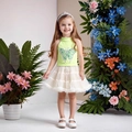Girls' light green sequin butterfly top and white tiered tutu skirt two-piece summer set - 100cm / Apricot Green