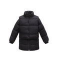 Detail of black quilted puffer jacket featuring windproof stand collar and button closure - Black / 100cm