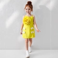 Girls bright yellow summer two-piece set with 3D floral top and white bow detail skirt - 90cm (3Y) / Yellow