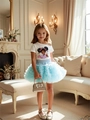 Close-up of girls' white T-shirt with cartoon print and light blue layered mesh tutu skirt - Top And Bottom / Light Blue / 100cm-4Y