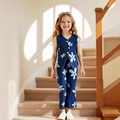 Conjunto de chaleco y pantalón vaquero azul oscuro con flores blancas para niñas - 90cm-3Y / Conjunto Denim Flores Grandes