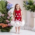 Elegant red sleeveless girl dress with white heart appliques and 3D floral details - Red and White Heart