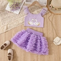 Flat lay detail of purple tutu dress set with swan print top and layered mesh skirt - 100cm / Purple