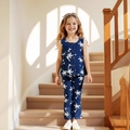 Completo bimba in denim con stampa palme, top senza maniche con fiocco e pantaloni - 90cm-3Y / Set Fiocco Palma