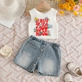 Ensemble d'été pour fille avec débardeur blanc à fleurs et short en jean bleu - 90cm-3Y / Débardeur Imprimé + Short en Denim (SH4074-P4452)