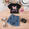 Completo estivo da bambina con T-shirt nera a farfalla e pantaloncini di jeans blu - Nero / 100cm-4Y
