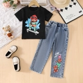 Meisjesoutfit met zwart T-shirt met beer en spijkerbroek met berenpatroon - 100cm / Zwart