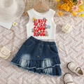 Ensemble d'été pour filles avec débardeur floral et jupe en jean à volants - 90cm-3Y / Débardeur Imprimé + Jupe en Denim à Volants (SH4074-SH4054)