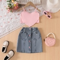Completo estivo da bambina con top a cuore rosa e gonna di jeans con bottoni rosa - 100cm-4Y / Rosa/Blu