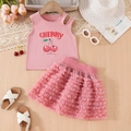 Set estivo rosa da bambina con top a ciliegia e gonna a balze in tulle a strati - Stampa Ciliegia / Rosa / 100cm-4Y