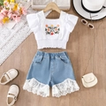 Conjunto de verano para niña con top blanco bordado y pantalones cortos de mezclilla - 100cm-4Y / Blanco