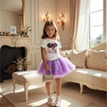 Girl's summer outfit with a white cartoon t-shirt and layered purple tutu mesh skirt - Top And Bottom / Light Purple / 100cm-4Y