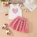 Set estivo da bambina con top con paillettes a cuore e gonna a balze in tulle rosa - Stile con Stampa a Cuore / Bianco / 100cm-4Y