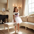 Girls summer white outfit with cold-shoulder cartoon t-shirt and layered tutu skirt - Top And Bottom / White / 100cm-4Y