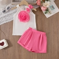 Meisjes tweedelige zomersets met witte haltertop met roze roos en roze korte broek - 100cm-4Y / Roze
