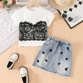 Girl's white lace print T-shirt and light blue heart denim skirt two-piece summer set - 100cm-4Y / White