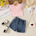 Set top in maglia rosa con perle e pantaloncini di jeans con ricamo di margherite - 100cm / Rosa