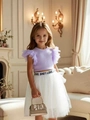 Dettaglio top a coste viola per bambina con volant in tulle e gonna in rete bianca - 110cm-5Y / Viola