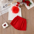 Meisjes zomerse tweedelige set met witte rozen haltertop en rode wijde korte broek - 100cm-4Y / Rood