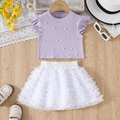 Set bambina top lavanda con volant e perle e gonna in tulle a strati bianca - 100cm (4Y) / Lavanda