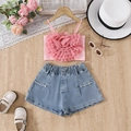 Pink top with 3D chiffon flower and pearl denim shorts summer set for girls - Pink / 90cm (3Y)