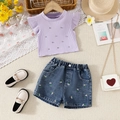 Set estivo da bambina con top viola a volant e pantaloncini in denim ricamati - 100cm / Viola Chiaro