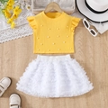 Set estivo bimbi con top giallo a coste e gonna a balze in tulle bianco multistrato - 100cm (4Y) / Arancione