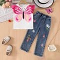 Set estivo da bambina con maglietta bianca a farfalla e jeans blu ricamati - Rosa / 100cm-4Y