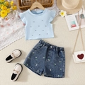 Set estivo bambina con top in maglia con strass e pantaloncini di jeans ricamati a fiori - 100cm / Azzurro