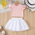 Top rosa con maniche a volant e perle con set di gonna tutù in tulle bianco - 100cm (4Y) / Rosa