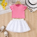 Top rosa a maniche corte con perle e gonna in tulle a strati bianca per bambine - 100cm (4Y) / Rosa brillante