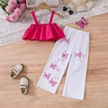 Completo estivo da bambina con top rosa a balze e jeans strappati stampa farfalle - 100cm-4Y / Rosa Rossa