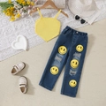 Ensemble d'été fille avec débardeur jaune à côtes et jean bleu à patch smiley - 100cm-4Y / Jaune