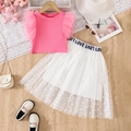 Completo estivo da bambina con t-shirt fucsia e gonna in tulle bianco a pois - 100cm-4Y / Rosa