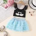 Completo bambina con top nero motivo cigno e gonna tutu in tulle azzurro - 100cm / Azzurro