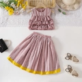Roze mouwloze top met ruches en geplooide korte broek met gele kanten details - 100cm-4Y / Roze