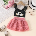 Set estivo bambina con top cigno nero e gonna di tulle rosa a più strati - 100cm / Rosa