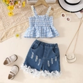 Ensemble fille avec haut à carreaux bleus bretelles marguerites et short en jean usé - 100cm (4Y) / Blanc