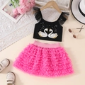 Mädchen Set mit schwarzem Schwanen-Top und mehrlagigem rosa Tutu-Rock aus Tüll - 100cm / Dunkelrosa