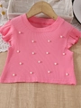 Haut rose pour filles avec manches à volants et détails en perles blanches - Rose foncé / 100cm-4Y