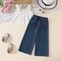 Completo bambina con top bianco senza maniche ricamato a ciliegia e jeans larghi blu scuro - 100cm-4Y / Bianco