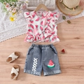 Mädchen Sommer-Set mit Wassermelonen-Print Top und blauen Denim-Shorts mit Schleifen - Wie gezeigt / 100cm-4Y