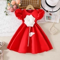 Detail eines roten Satin-Mädchenkleids mit weißer 3D-Rose und Puffärmeln am Kleiderbügel - 110cm / Rot